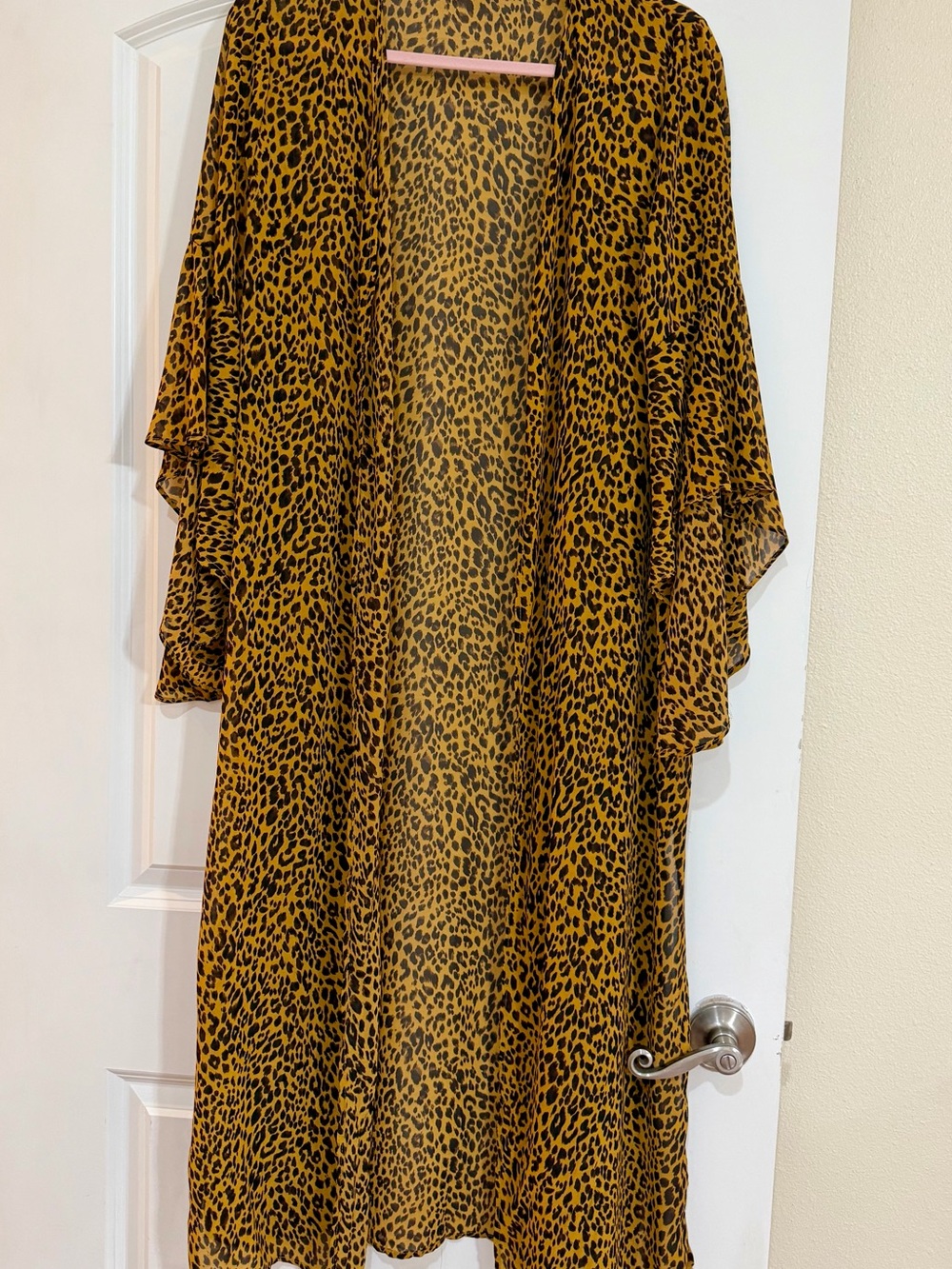 Umgee Mustard and Black Leopard Open-Front Maxi Kimono